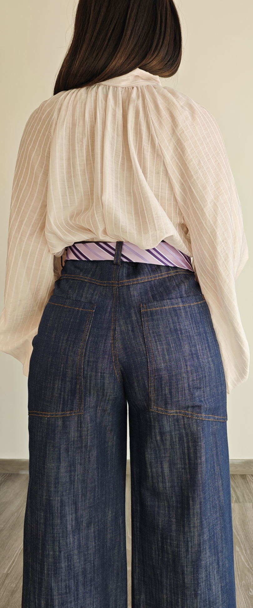 Pantalone effetto Jeans blu vita alta a palazzo con cintura Cravatta -50%