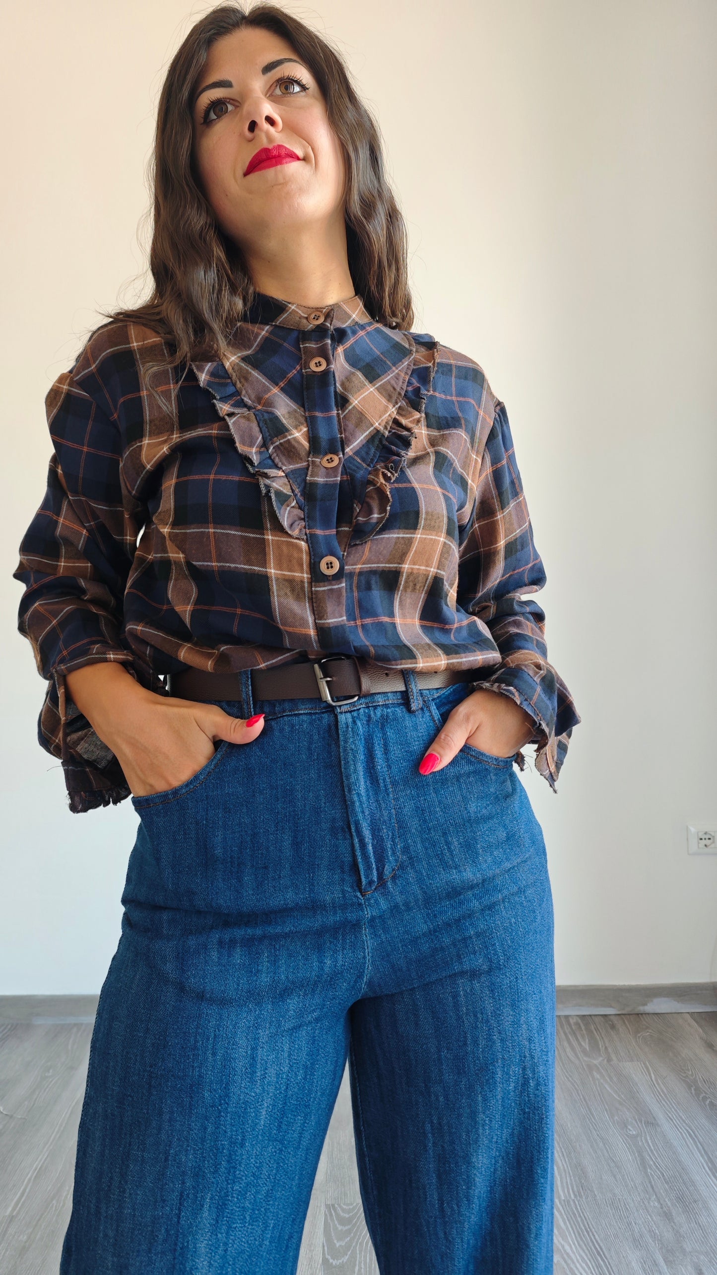Camicia collo Coreana con Rouche a Quadri