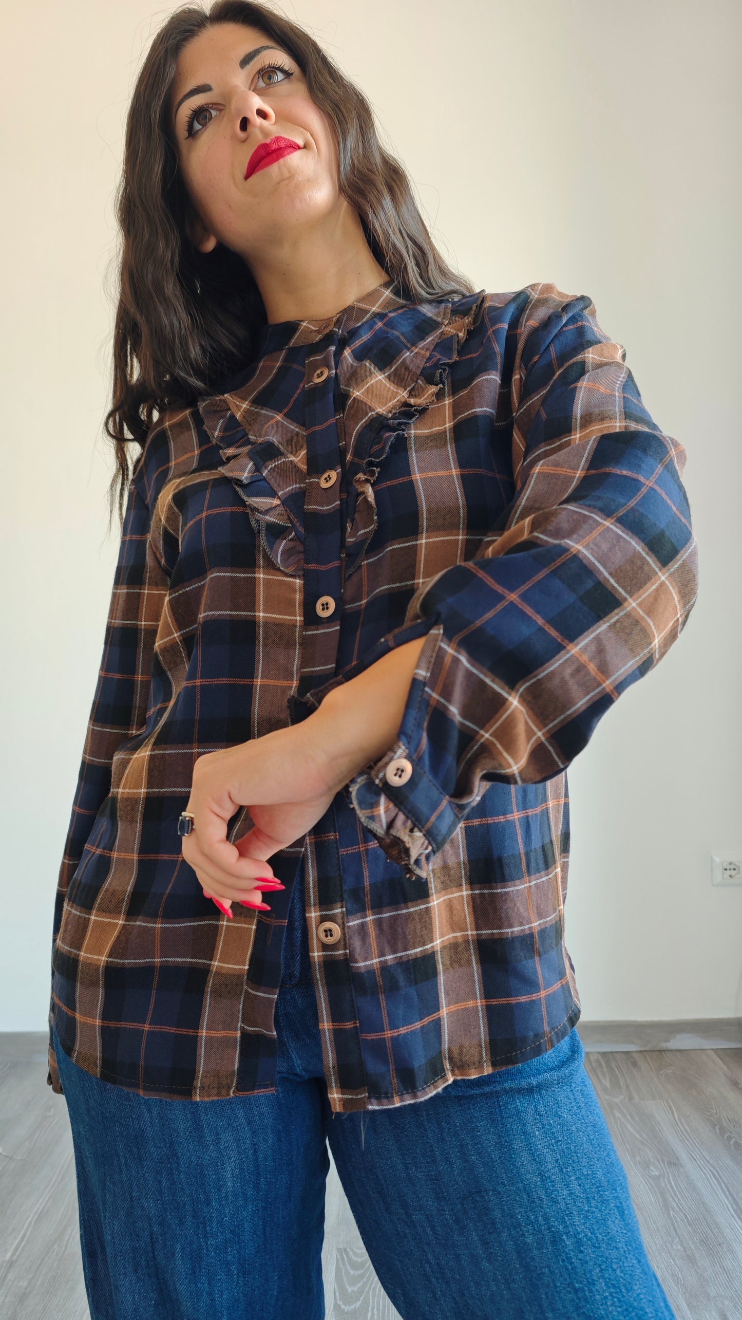 Camicia collo Coreana con Rouche a Quadri