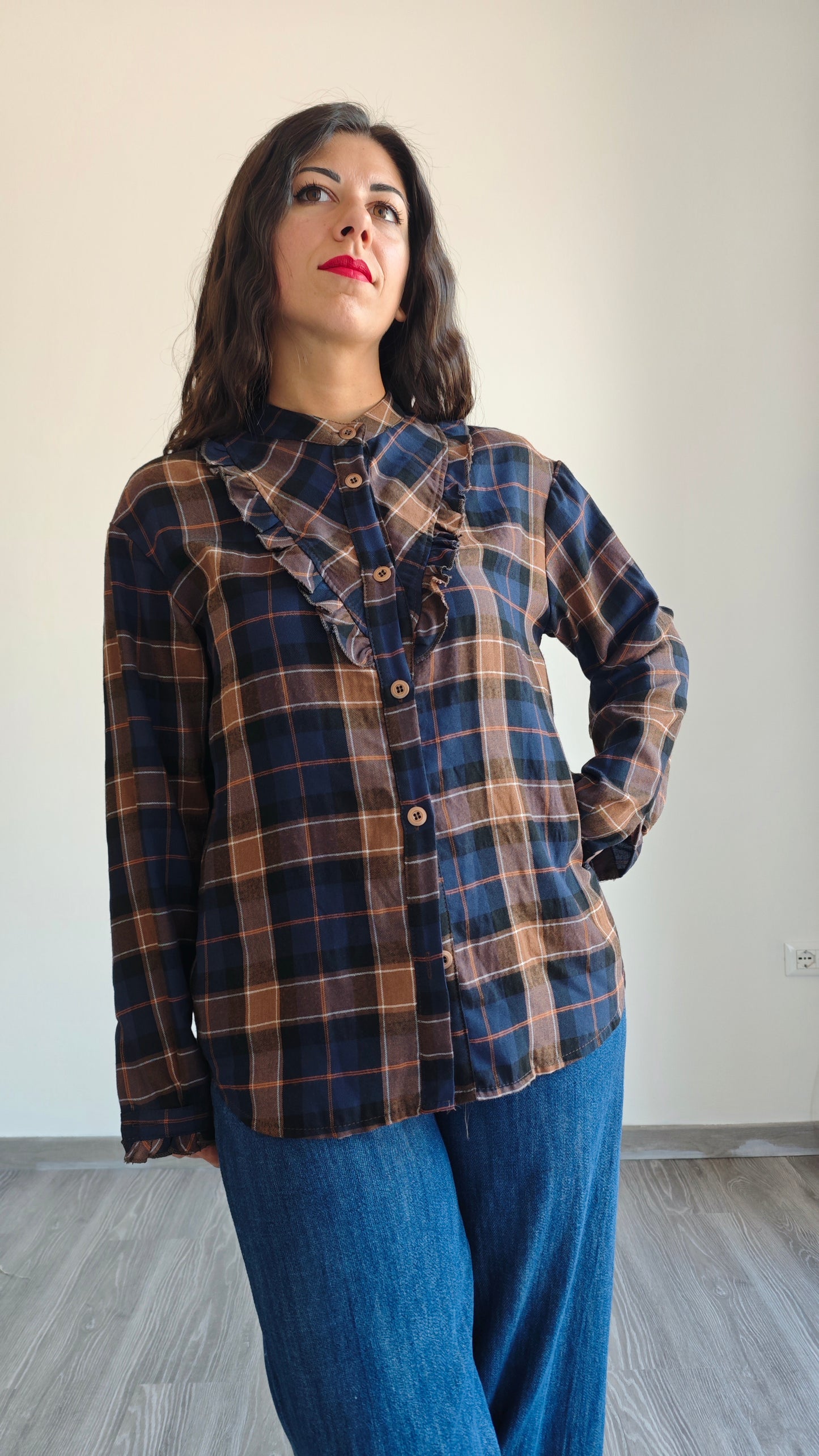 Camicia collo Coreana con Rouche a Quadri