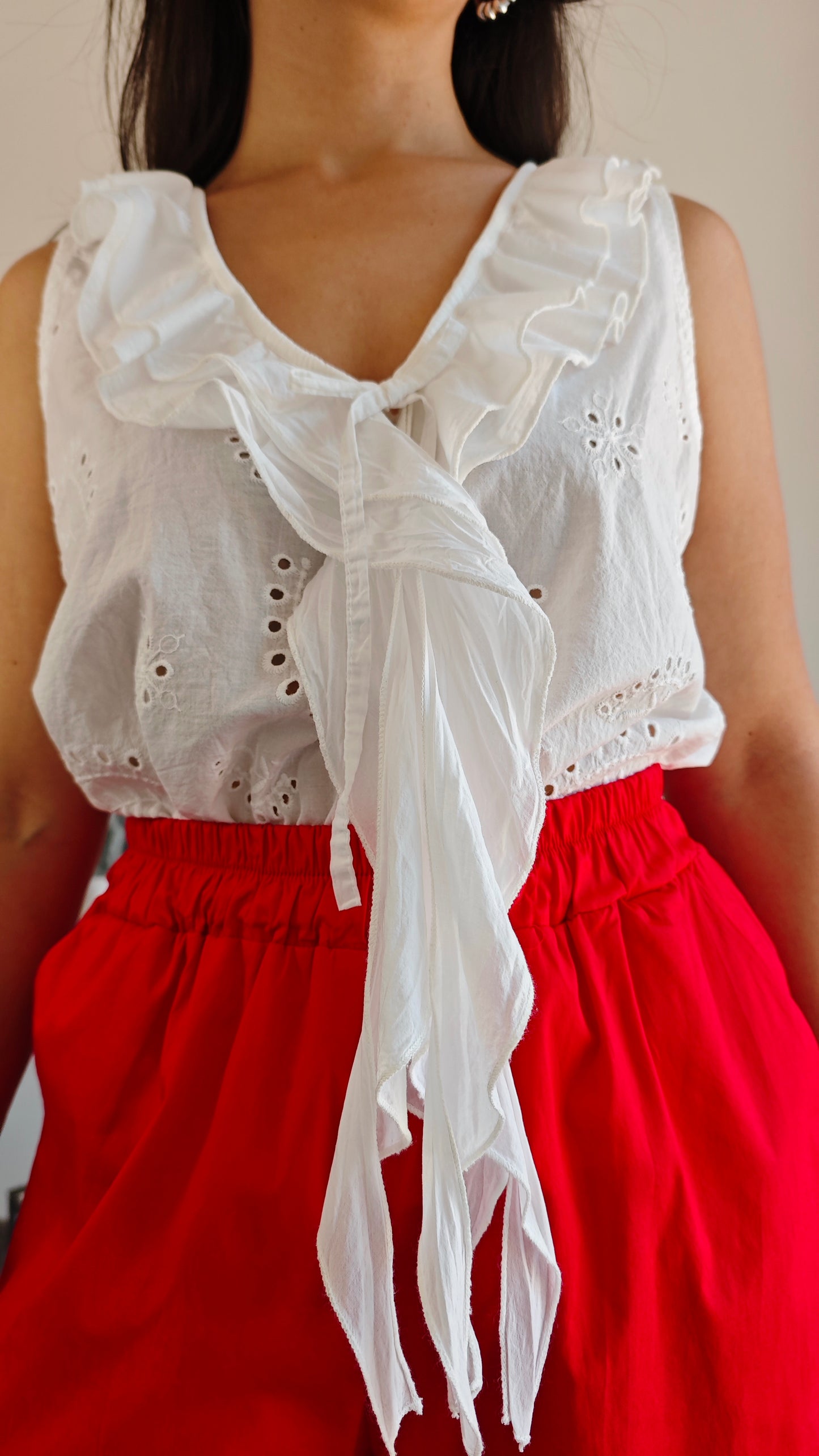 Blusa Smanicata in pizzo sangallo con Rouge -50%