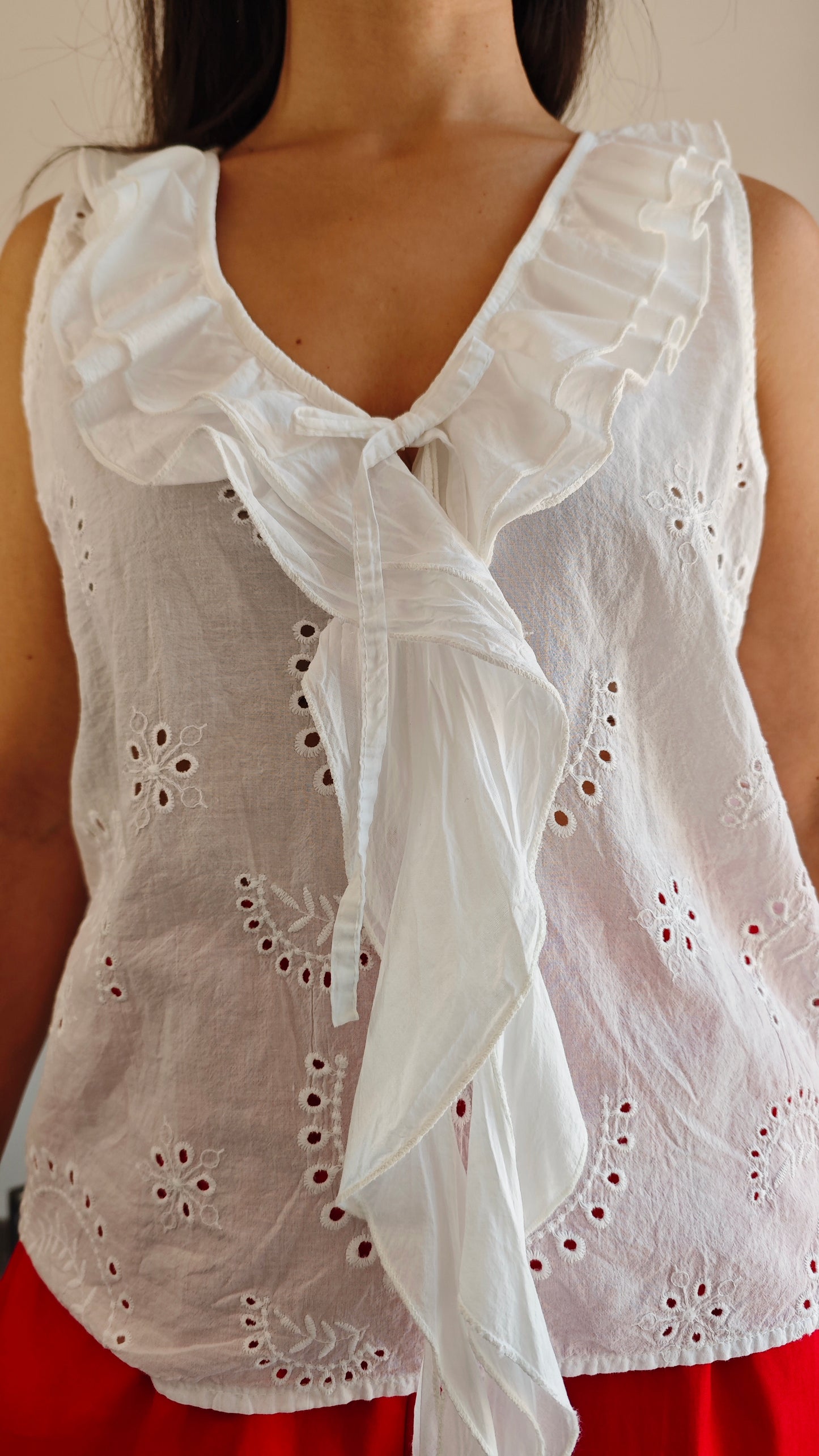 Blusa Smanicata in pizzo sangallo con Rouge -50%