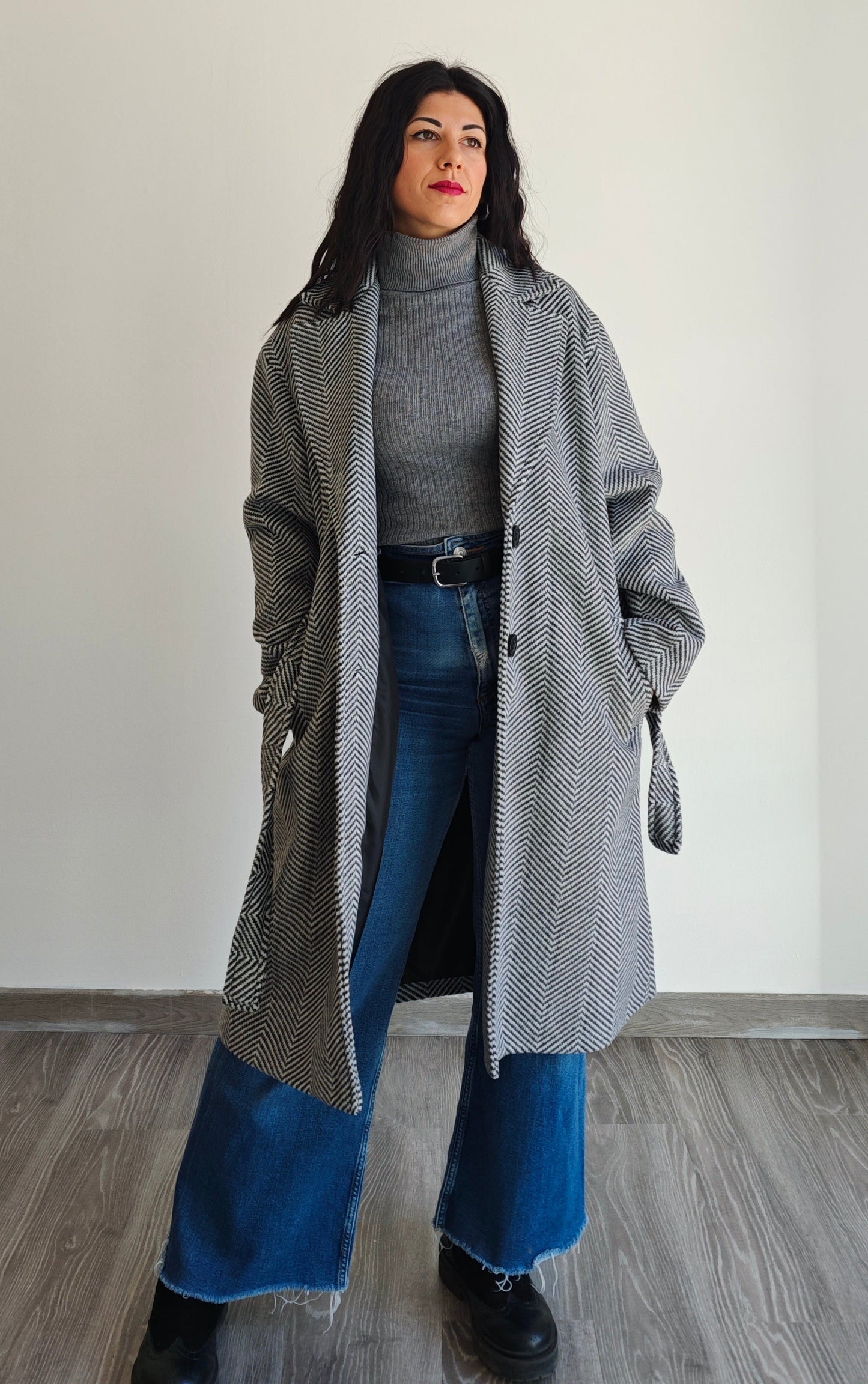 Cappotto Oversize con fusciacca e fantasia herringbone -30%