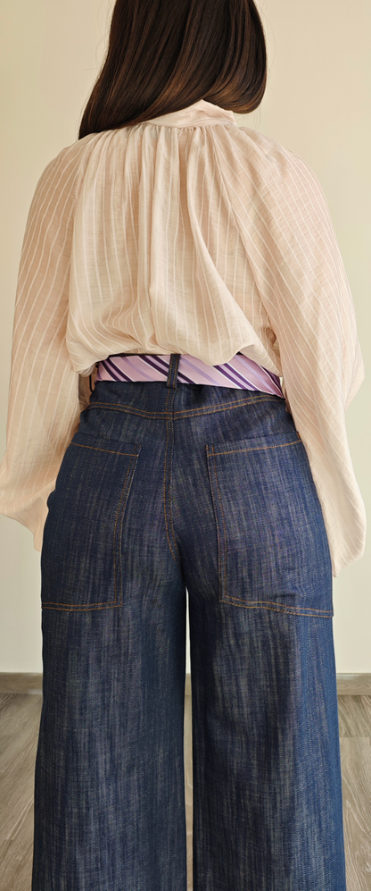 Pantalone effetto Jeans blu vita alta a palazzo con cintura Cravatta -50%