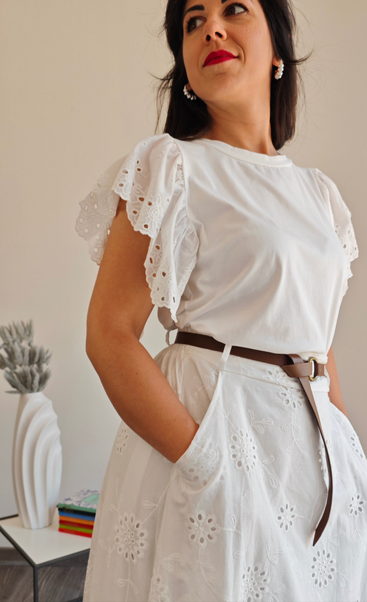 T-shirt girocollo con manica in pizzo sangallo -50%