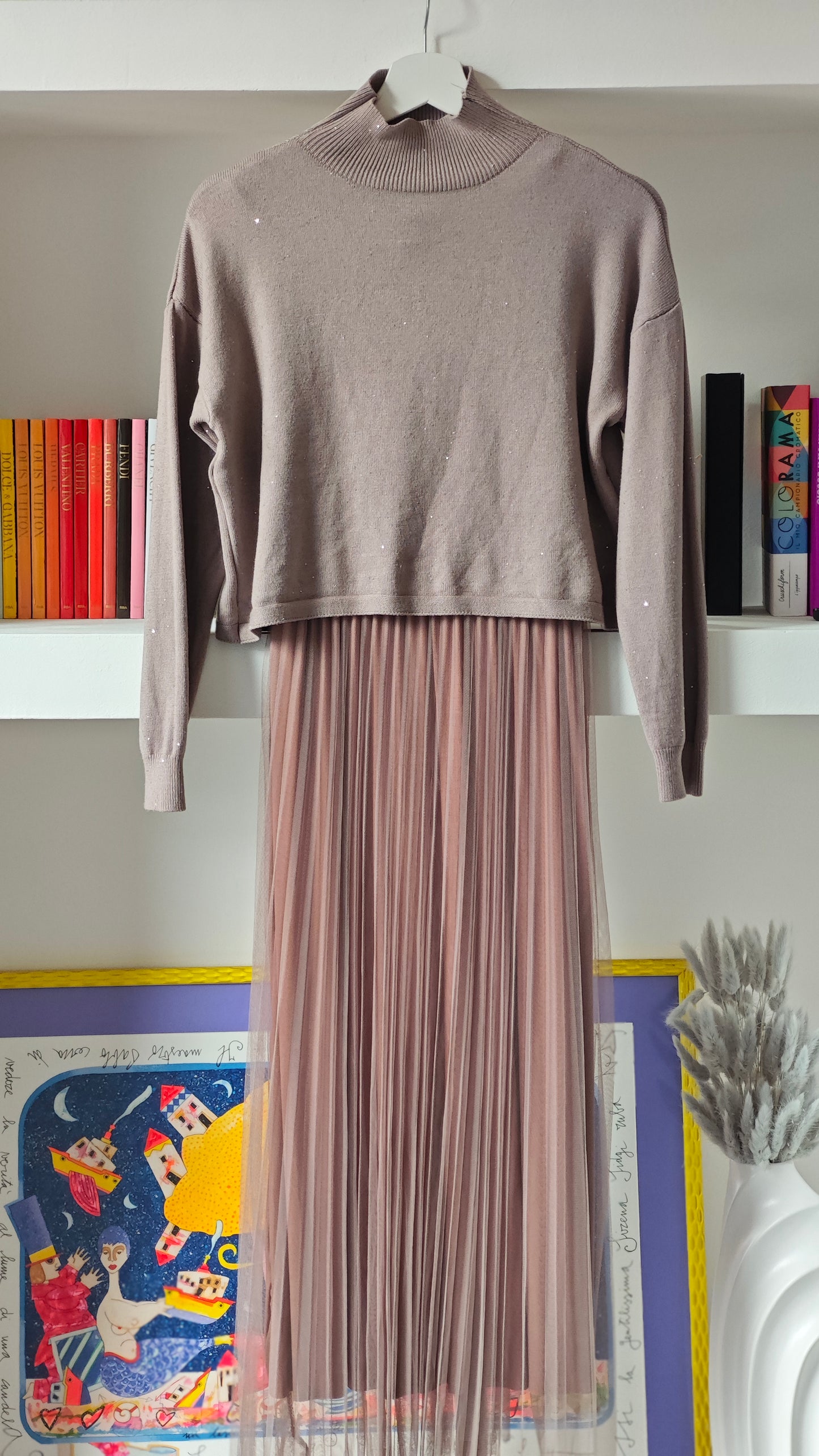 Abito Midi con Maglia dolce vita  e Gonna Plissé in Tulle due in uno -43%