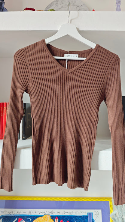 Maglia a Manica Lunga con Scollo a V a Costine Elasticizzata -30%