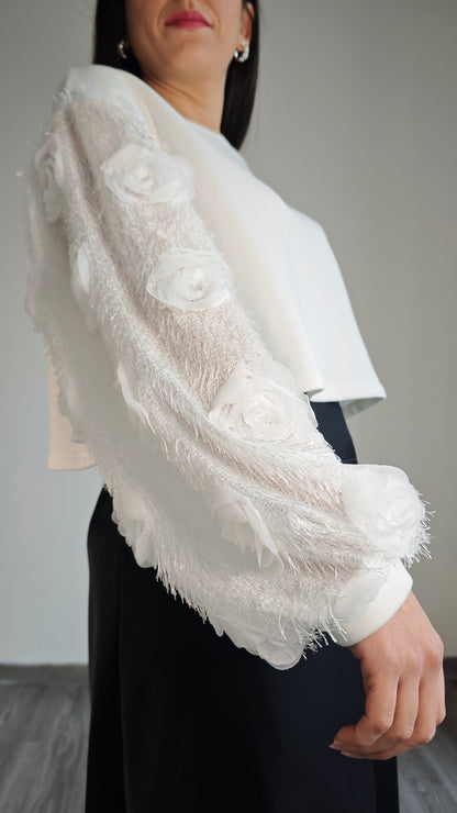 Felpa Crop in cotone con manica ricamo Rose  -50%