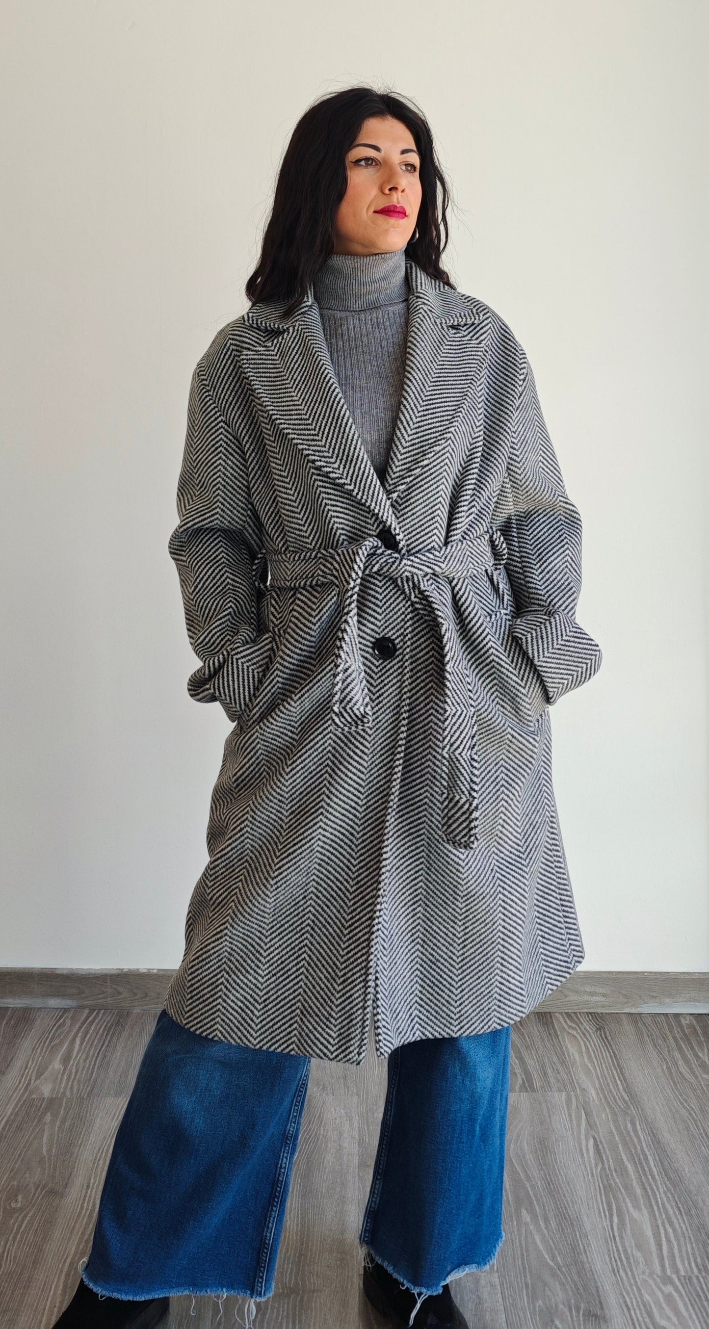 Cappotto Oversize con fusciacca e fantasia herringbone -30%