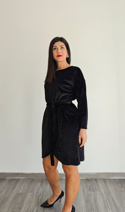 Abito in velluto con piccole borchie e fusciacca in vita ◼️ -50%