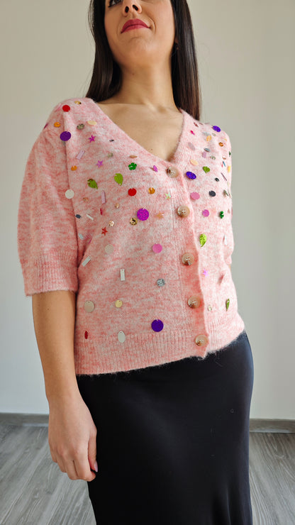 Cardigan mezza manica con applicazioni paillettes  -50%