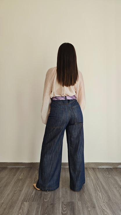 Pantalone effetto Jeans blu vita alta a palazzo con cintura Cravatta -50%