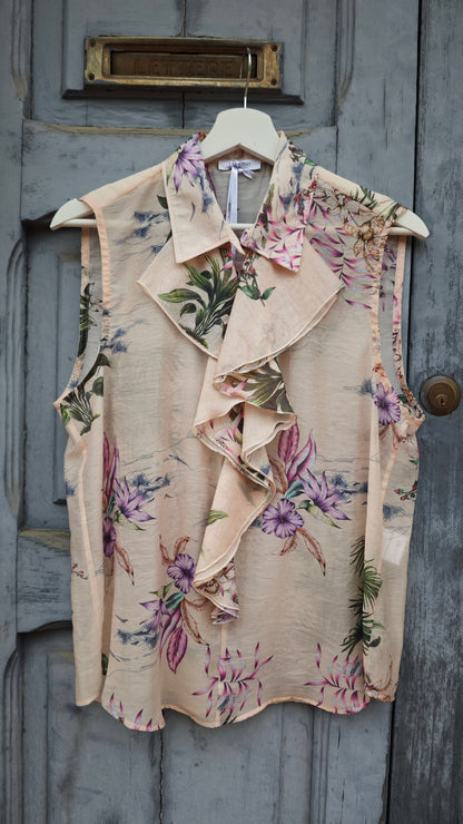 Blusa Floreale smanicata con bottone e rouge