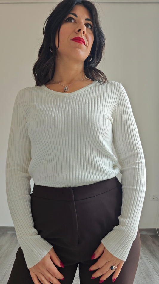 Maglia a Manica Lunga con Scollo a V a Costine Elasticizzata