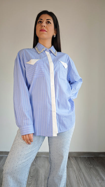 Camicia a Righe e strass sul colletto con dettagli di stoffa bianca -50%