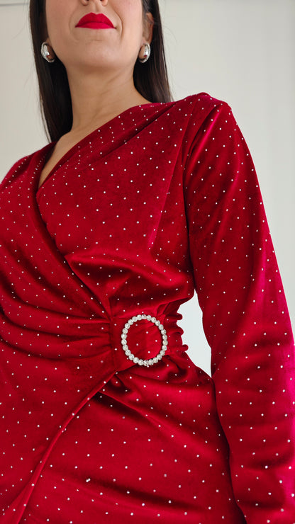 Abito in Velluto Rosso con dettaglio Gioiello ◼️-50%