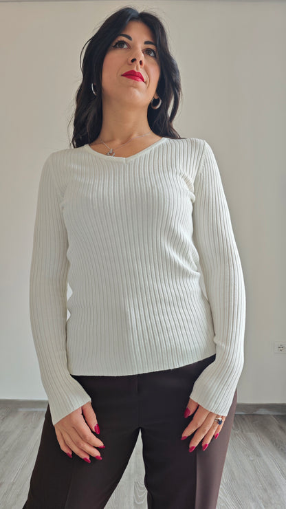 Maglia a Manica Lunga con Scollo a V a Costine Elasticizzata -30%