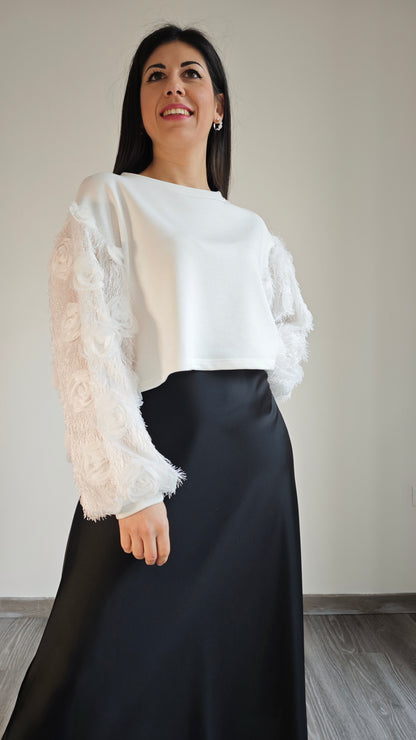 Felpa Crop in cotone con manica ricamo Rose  -50%