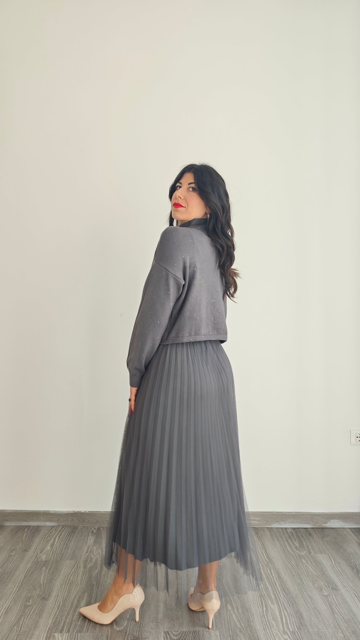 Abito Midi con Maglia dolce vita  e Gonna Plissé in Tulle due in uno -43%