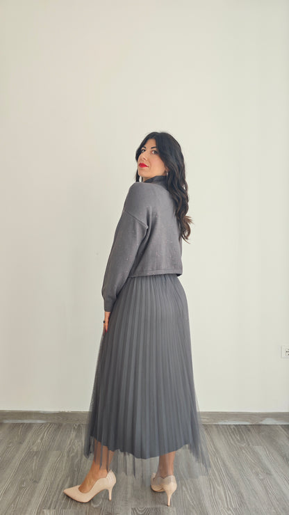 Abito Midi con Maglia dolce vita  e Gonna Plissé in Tulle due in uno -43%