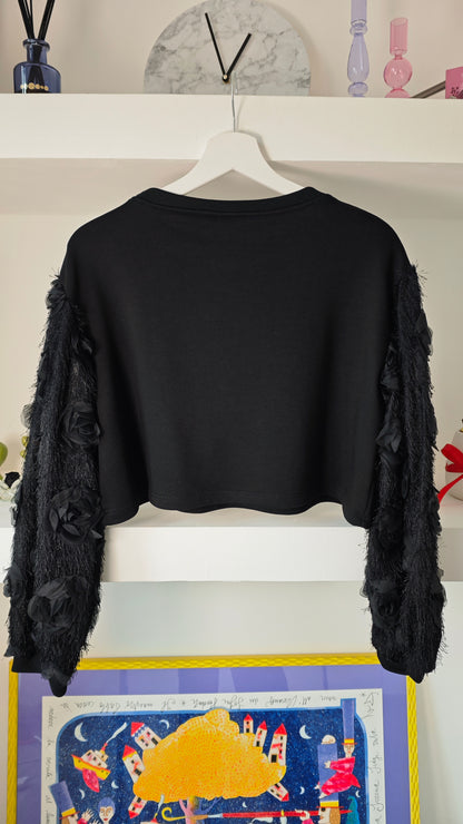Felpa Crop in cotone con manica ricamo Rose  -50%