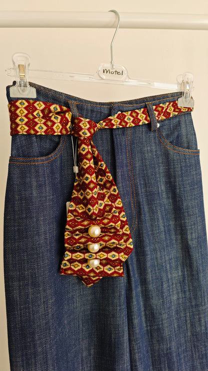 Pantalone effetto Jeans blu vita alta a palazzo con cintura Cravatta -50%