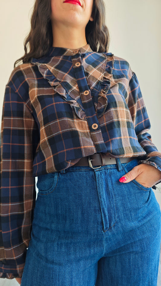 Camicia collo Coreana con Rouche a Quadri