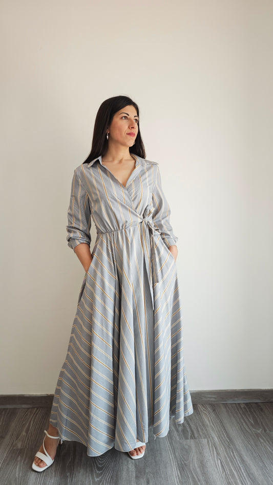Abito Lungo a Righe con chiusura a Portafoglio-50%
