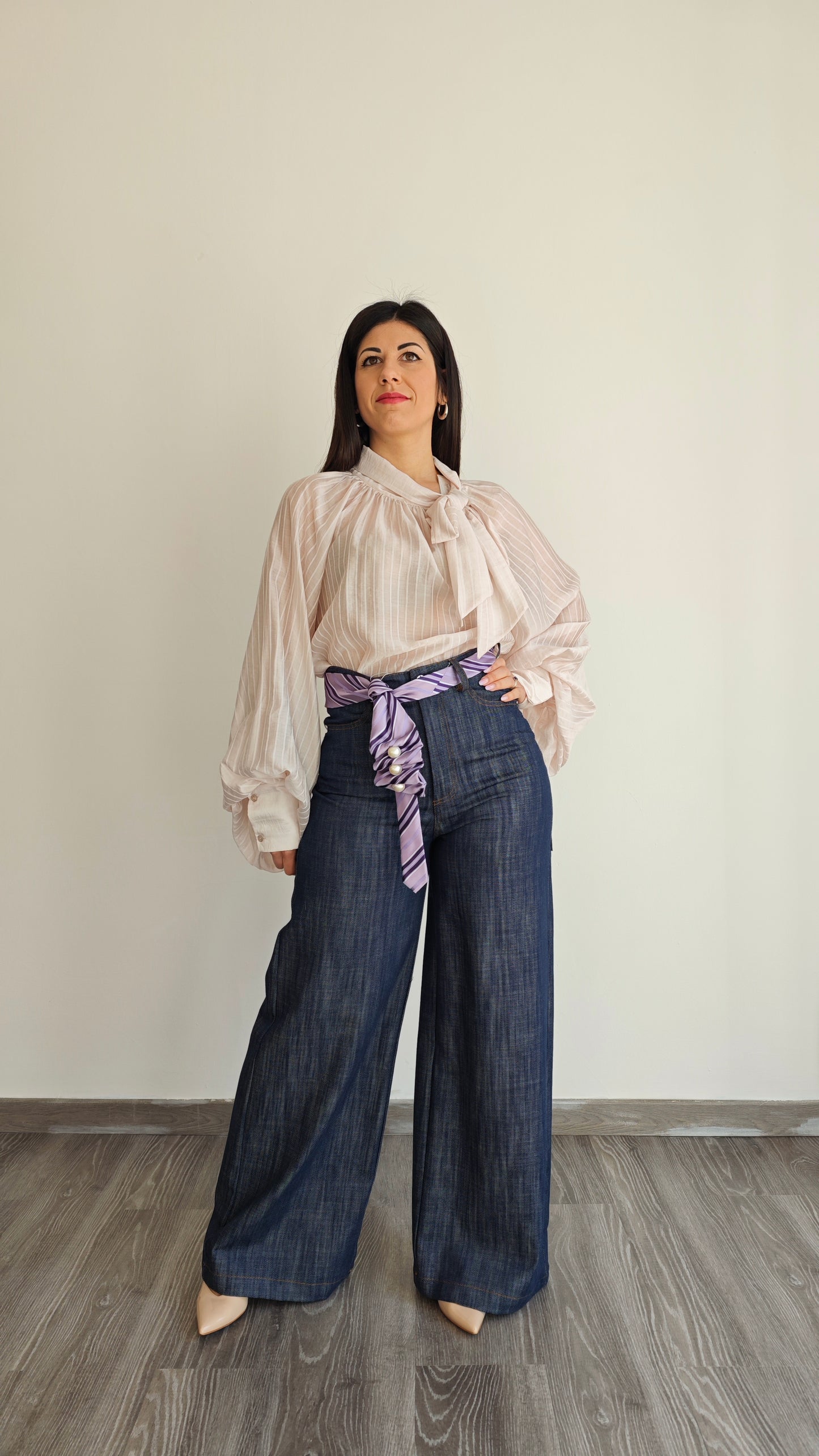 Pantalone effetto Jeans blu vita alta a palazzo con cintura Cravatta -50%