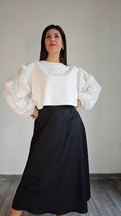 Felpa Crop in cotone con manica ricamo Rose  -50%