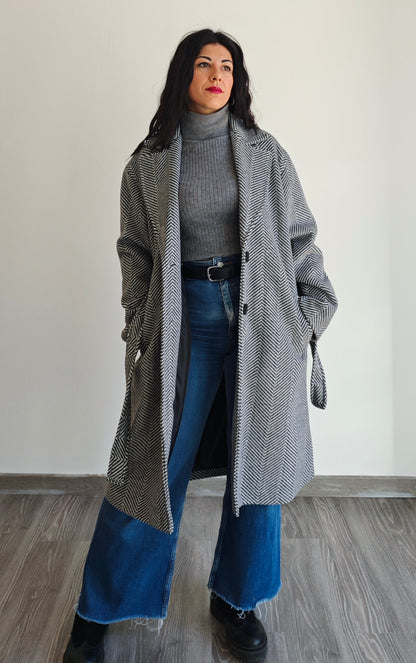 Cappotto Oversize con fusciacca e fantasia herringbone -30%