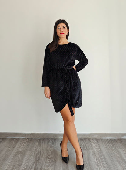 Abito in velluto con piccole borchie e fusciacca in vita ◼️ -50%