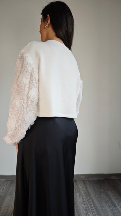Felpa Crop in cotone con manica ricamo Rose  -50%